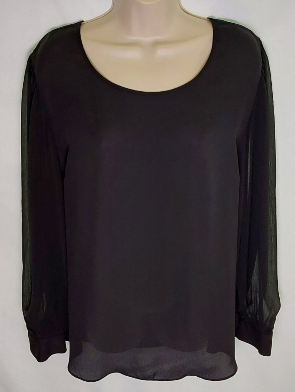 Women's Black Sheer Long-Sleeve Scoop Neck Blouse